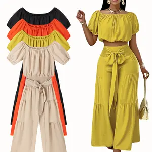 Women's Off Shoulder Top & Wide Leg Pants Set – Solid Color Two-Piece Outfit for Summer | Casual Palazzo Set for Beach, Vacation & Everyday Wear