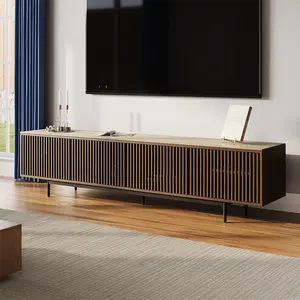 94.49"Mid-Century Modern Matte Sintered Stone Tabletop TV Stand,Slatted Door TV Console, Walnut Color Media Console