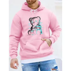 Men's Casual Printed Hoodie, Teddy Bear Pattern Design - Polyester Knitted Fabric, Slightly Stretchy, Regular Fit, Hooded Collar Style, Solid Color with Pattern Print, Casual Long Menswear Sweatshirts Tops Pullover Pink