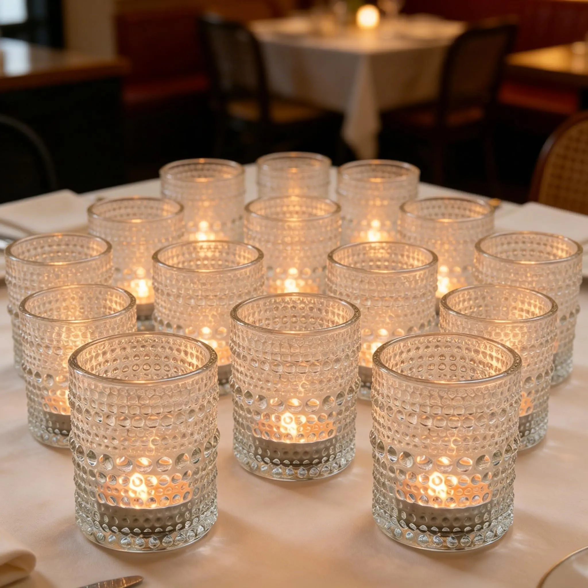 24 Pack Clear Glass Votive Candle Holders Featuring Vintage Tealight Candle Holders Clear Tealight Cups for Centerpieces, Home Wedding Bridal Shower Birthday Party Table Decoration
