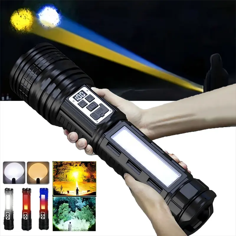 Rechargeable LED Flashlight - Super Bright, High Lumens, Zoomable with Zoom Lens, 15 Lighting Modes, Dual LED & COB for Full Visibility, Digital Power View Reduces Guesswork, Power Level Display, Outdoor Gadgets for Camping, Emergency