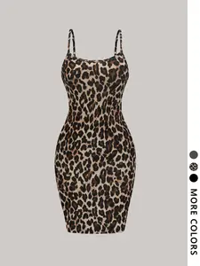 Women's Leopard Print Ribbed Spaghetti Strap Cami Dress, Casual Sleeveless Bodycon Dress for Summer, Ladies Clothes for Daily Wear, Womenswear, Bodycon Cocktail Dress
