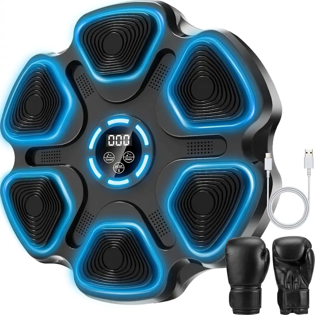 Unisex Large-Size Music Boxing Machine with Bluetooth Sync, LED Targets, Gloves - Wall-Mounted Interactive Boxing Target for Home Workouts, Gift for Men, Kids, Martial Arts, Stress Relief, Wall Mount, Adhesive Strips, Apartments, Built-In Speakers