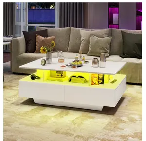 LED Coffee Table, Modern Center Tables with Storage for Living Room, White