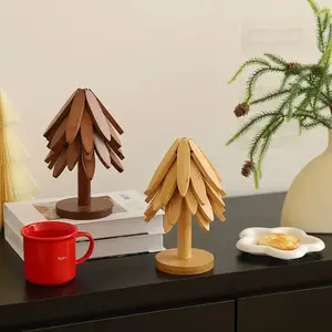 Natural Wooden Tree Trivet Set (4 Mats + Stand)｜Foldable Heat-Resistant Hot Dish & Pot Mats