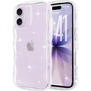 for iPhone 17 Case Clear, Cute Sparkly Bling Glitter Curly Wave Frame Transparent Cover for Women Girls Men Shiny TPU Wavy Bumper Drop Protection Shockproof Phone Case for iPhone 17, Clear
