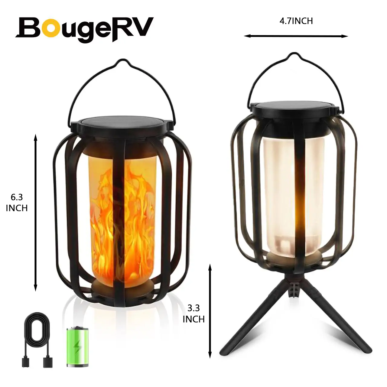 BougeRV 9-inch Solar Lantern Outdoor Light with Base Waterproof Flickering Flame Effect for Patio Garden Room Decoration 6.3x4.7x3.3 inches Energy Eff