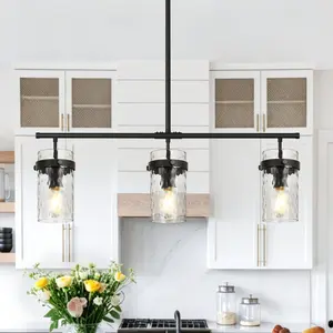 Modern 3-Light Linear Chandelier, Adjustable Hammered Glass Pendant Light for Kitchen Island Dining Room, Black/Black-Gold/Nickel, E26 Base,Bulb not included