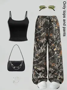 Women's Basic Casual Tank Top + Loose Wide Leg Pants Set, Womenswear Outfit, Fitted Clothes, Perfect for Daily Wear at Home, Everyday
