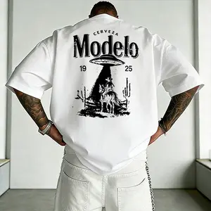 Vintage Western Style “Modelo” Printed Short Sleeve T-Shirt for Men — Loose Fit, Heavyweight Cotton Streetwear Casual Top