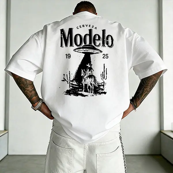 Vintage Western Style "Modelo" Printed Short Sleeve T-Shirt for Men - Loose Fit, Heavyweight Cotton Streetwear Casual Top,summervibes