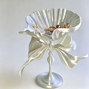 3D Printed Shell Bow Goblet Jewelry Holder - Coquette Aesthetic Trinket Dish for Rings Earrings Necklaces, Pearl White Home Decor