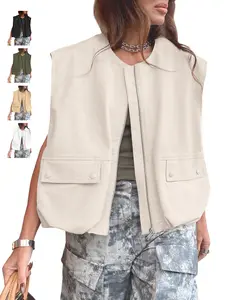 Renaishow Women's Oversized Zip-Up Cargo Vest - Comfortable, Modern, Multi-Size Sleeveless Top with Pockets, Ruched Hem, Fashion Design for Casual Everyday Stylish Outfits