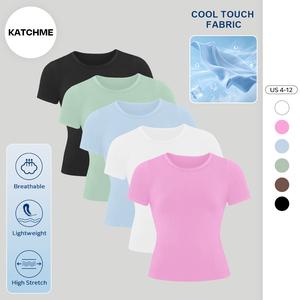 KATCH ME Women's Athleisure Solid Color Round Neck Short Sleeve Yoga Top, Spring & Summer Stretchy Brushed Clothes, Lightweight Quick Drying Gym Outfit