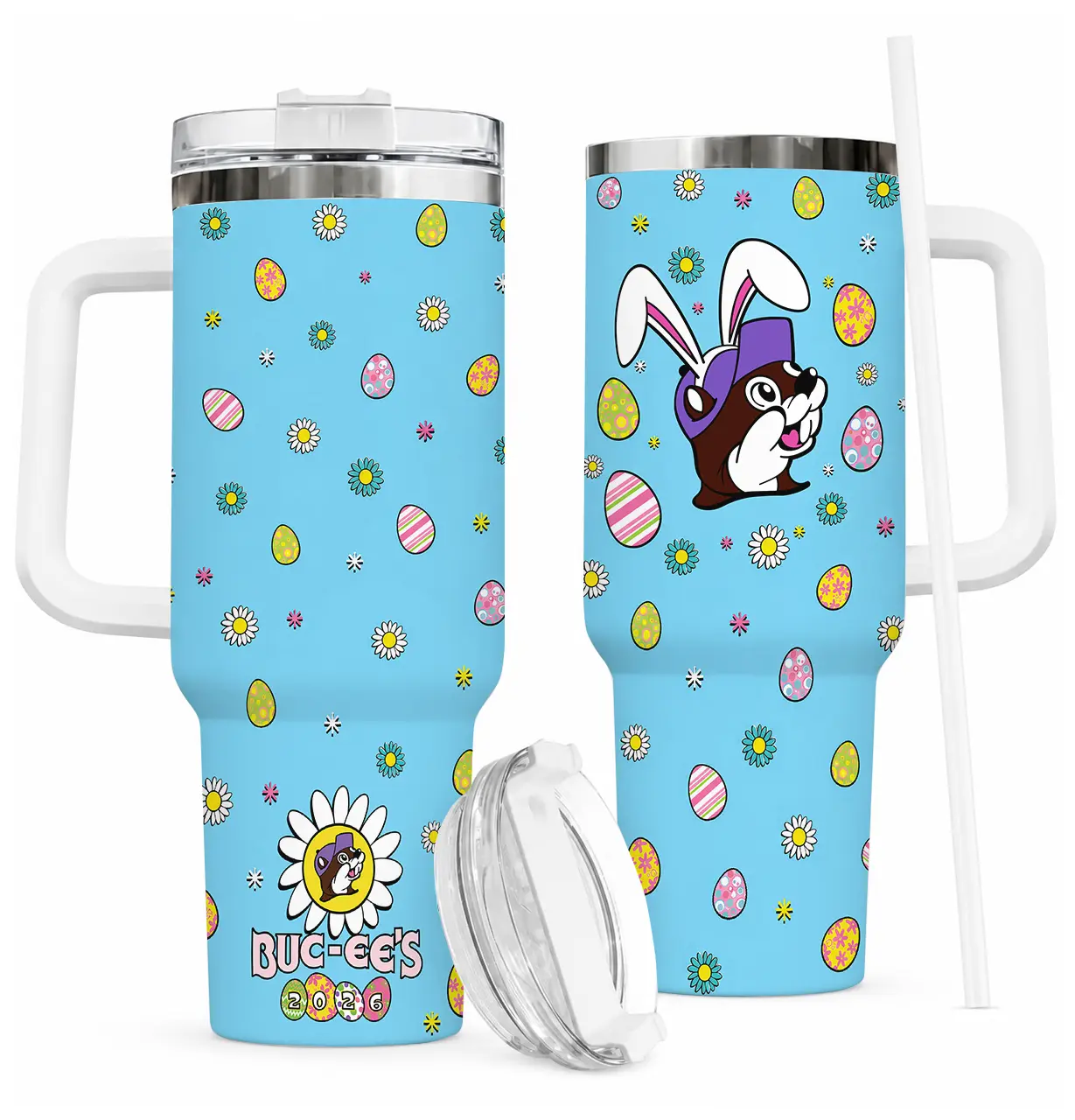 Buc-ee's Easter Bunny 2026 40oz Tumbler, Blue Floral and Eggs Insulated Travel Mug with Handle and Straw, Cute Spring Season Cup