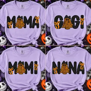 Comfort Colors Halloween Mama Gigi Mimi Nana T-Shirt - Black Textured Family Name Letters With Orange Leopard Ghost, Oversized Bow And Spooky Details, Cute Spooky Season Tee For Women, Trick Or Treat Outfit, Halloween Gift For Moms And Grandmas