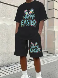Happy Easter Bunny T-Shirt and Shorts Set for Men - Colorful Teal Pink Yellow Graphic Tee with Confetti Design, Casual Summer Outfit, Breathable Lightweight Fabric, Perfect Holiday Gift for Family and Friends