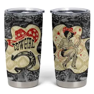 Black Cowgirl Lasso Horseshoe Tumbler Cup Vintage Retro Leopard Animal
