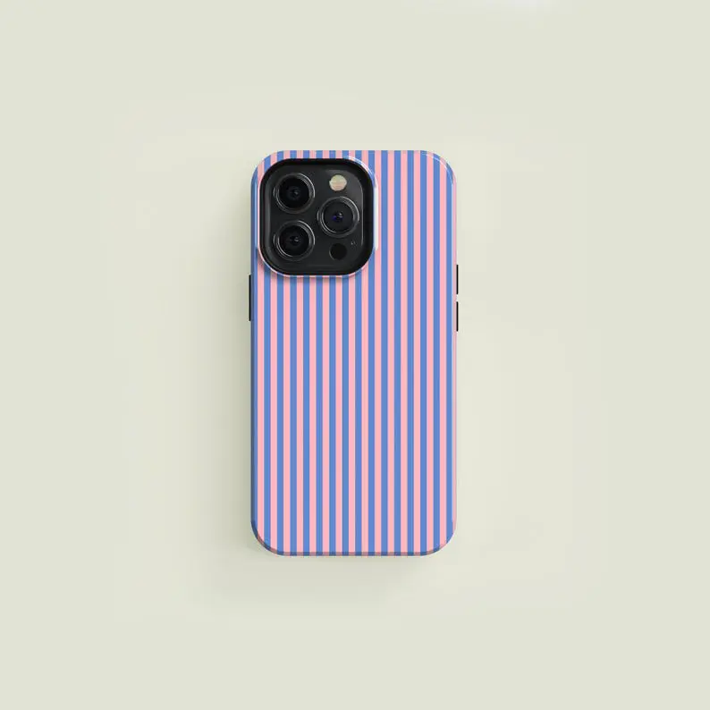 Classic Striped Light Blue & Light Pink Premium Film 2 in 1 Phone Case - Durable, Shock Absorbing and Stylish Protection - Compatible with iPhone 16, 15, 14, 13, 12, 11, Plus, Pro, Pro Max, Perfect birthday gift for friends.