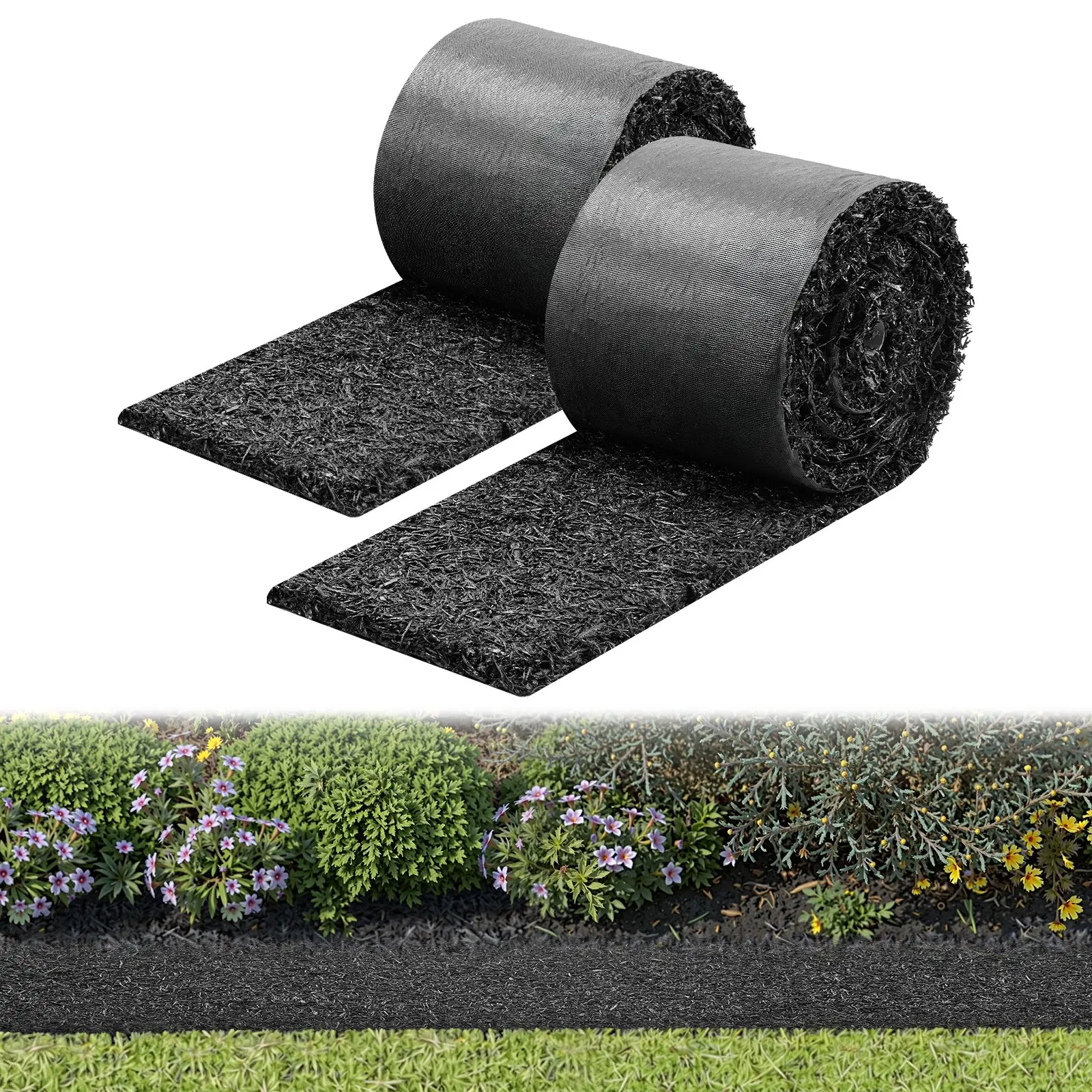 VEVOR Rubber Mulch Mat Roll, 2 Rolls 140 x 4.5 in, Recycled Rubber Permanent Mulch Edging Border, Natural-Looking Flower Barrier with Stakes, 0.5 in Thick Cuttable Garden Edgings for Landscaping, 2 Pack