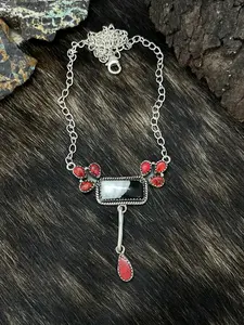 Handmade Sterling Silver White Buffalo with Red Opal Necklace "Signed Nizhoni"