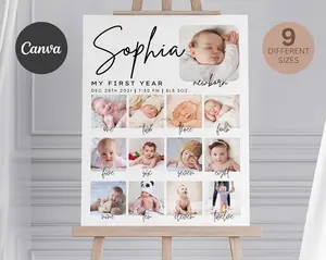 milestone birthday sign, printable baby's first year poster template, baby 1st birthday milestone board, 1st Birthday Photo Collage Sign