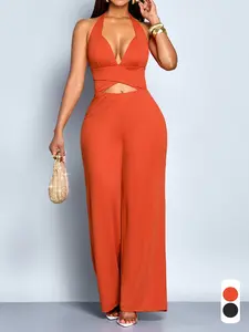 Summer Casual Elegant Women's Solid Halter Neck Jumpsuit, Halter Tie Butterfly Backless Cutout Hollow Out High Waist Wide Leg Long Pants, Fashion Summer Female Jumpsuit, Womenswear