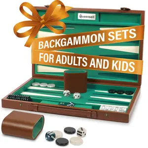 Queensell Backgammon Sets for Adults - 15-Inch Green Faux Suede Board with 32 Wooden Chips & 4 Dice - Portable & Travel-Friendly Design - Perfect Gift Idea