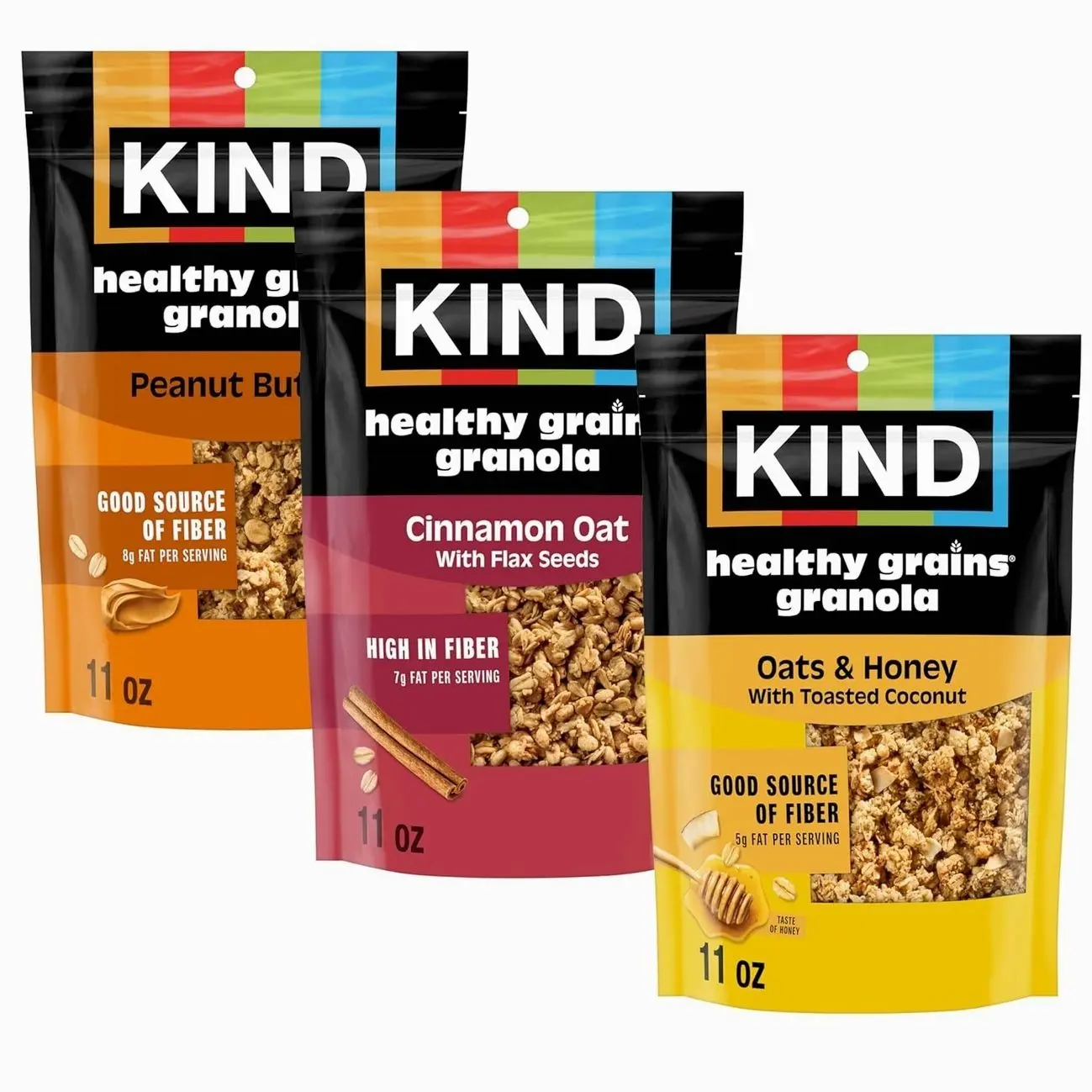 Kind Healthy Grains Granola Variety Pack, Gluten Free, Healthy Snack Mix, Peanut Butter, Cinnamon Oat, Oats & Honey, 5-10g Protein, 11oz, 3 Count