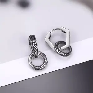 geometric double-ring earrings, retro trendy men's personality punk hip-hop texture earrings, street creative single earrings