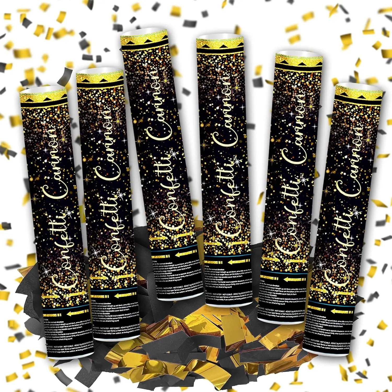 12" Black and Gold Confetti Cannons Party Poppers - 6 Pack | Birthday Graduation Wedding Retirement New Year Celebrations - Easy to Use, Paper and Foil Confetti