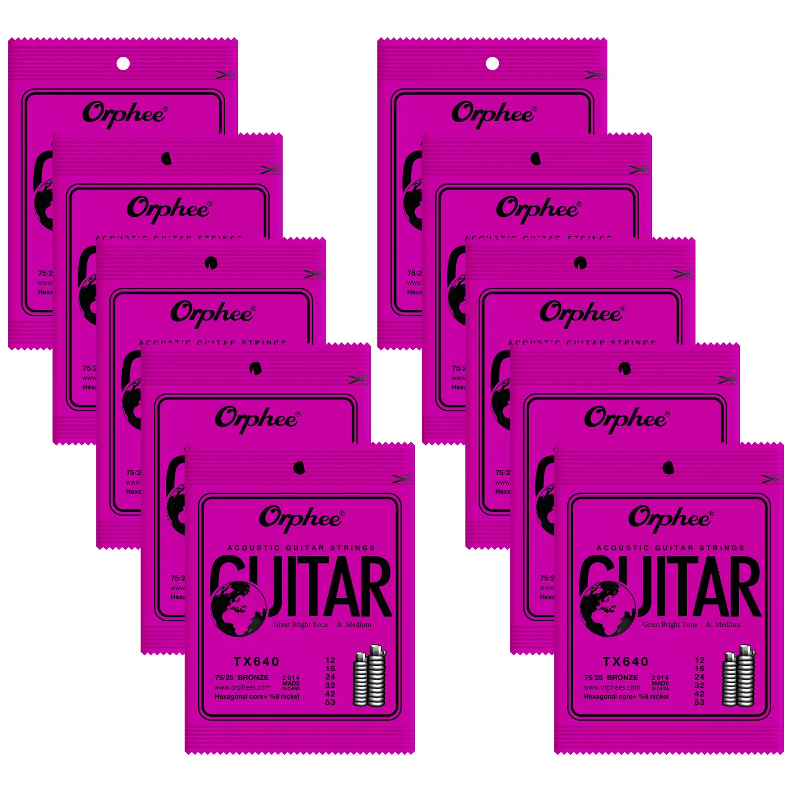 Orphee TX640 Guitar Strings, (1pc/5pcs/10pcs Optional), , Light, 12-53, Acoustic Guitar Strings, 6 Strings Set, Hexagonal Carbon Core 75/25 Bronze