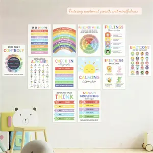 Emotional Intelligence Posters 12 Colorful Calming Corner 10x14 Feelings Wheel & Emotions Regulation Tools, Educational Calm Down Supplies for Preschool Therapy Office Mental Health Wall Decor