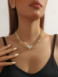 Elegant Women's Necklace with Rhinestone Heart Pendant, Cuban Chain Design Jewelry Accessory, Perfect Gift for Her, Jewelry Gifts, Cuban Link Chain, Love Heart Necklace, Heart Pendant Necklaces