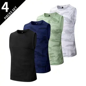 4-pack men’s camouflage dot pattern sleeveless tank tops; summer ice silk quick-dry breathable crew neck vests; gym iron lifting and running base layer shirts; outdoor casual versatile sleeveless T-shirt sets—essential for fitness enthusiasts.