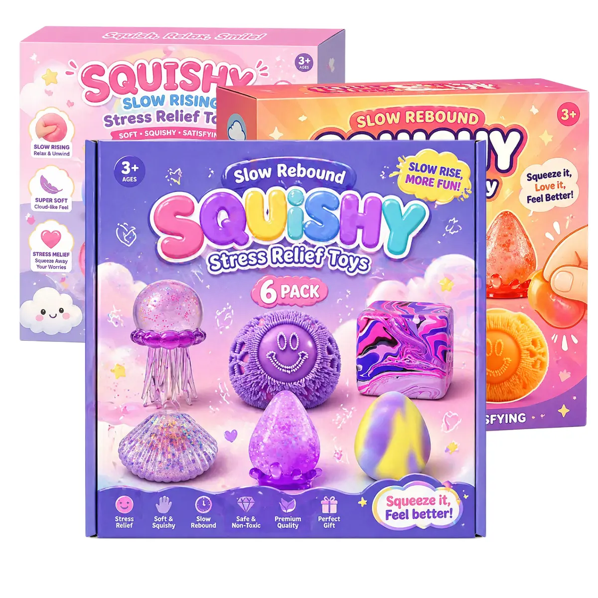 Unisex 6-Piece Malt Sugar Stress Relief Fidget Toy Set - Slow Rise Squishy Sensory Products with Creative Designs, Different Styles, Boxed Party Gift