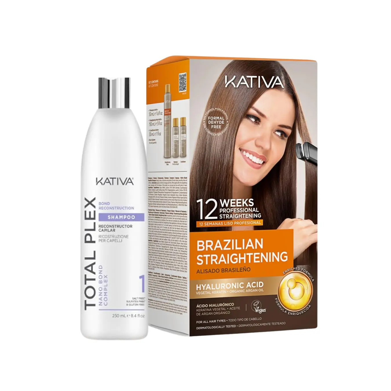 Kativa Brazilian Keratin Straightening Kit with Total Plex Shampoo - Hydrating Anti-Frizz Treatment for Smooth Hair with Argan Oil & Shea Butter, 650ml Set