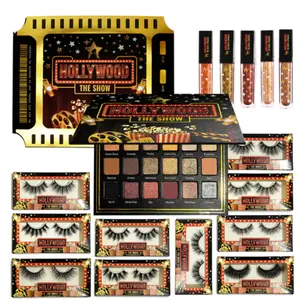 Hollywood Glam All In One Makeup Kit - 24 Shades Eyeshadow Palette, 10 Pairs Lightweight Faux Mink Eyelashes, and 5 Lip Glosses Set Blend Brush