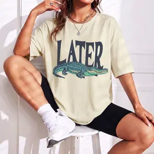 Men's Unisex Vintage Acid Wash Cotton Fabric Round Neck Printed Short Sleeve T-Shirt - Later Alligator Funny Pun Graphic, Casual Sarcastic Streetwear, Summer Vacation Retro Novelty Oversized Top