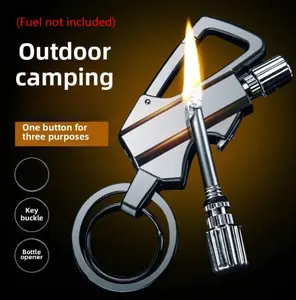 3-in-1 Multifunctional Flint Fire Starter Keychain, Portable Carabiner Lighter with Bottle Opener, Refillable Outdoor Survival Keyring for Camping Hiking
