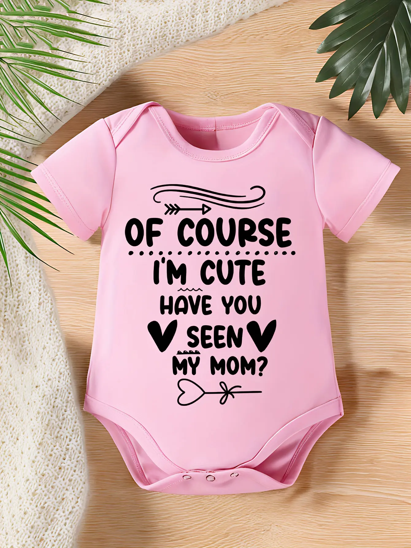 Baby Girls' "Of Course I'm Cute Have You Seen My Mom?" Short Sleeve Pink Bodysuit, Funny Quote Newborn Romper