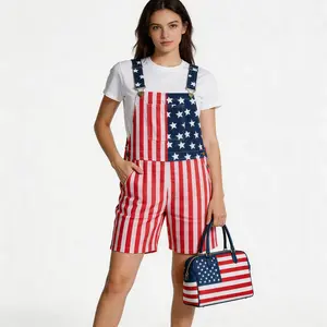 Flag Print Bib Pants Unisex Breathable Stretchy Denim Overalls Summer Outfit for Memorial Day Parades National Holiday Festivals Beach Parties Casual Wear