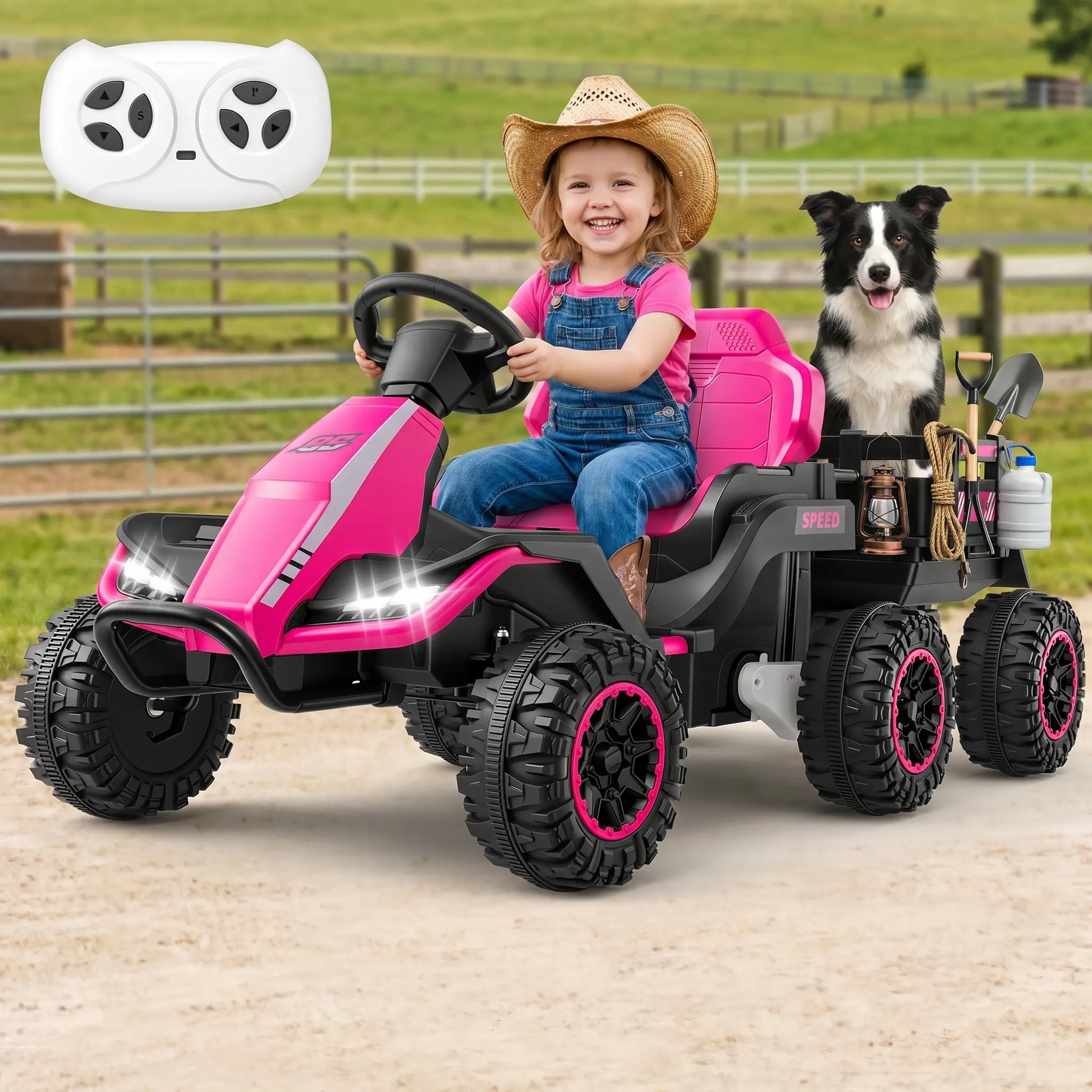#backtoschool Hikole 24V Unisex Cargo Truck with Trailer, 6-Wheel Ride-On Car for 4-6 Years, Remote Control, LED Lights, Music, Batteries Only, Children Development Backyard Helper Toy (Ride & Haul-Pink),