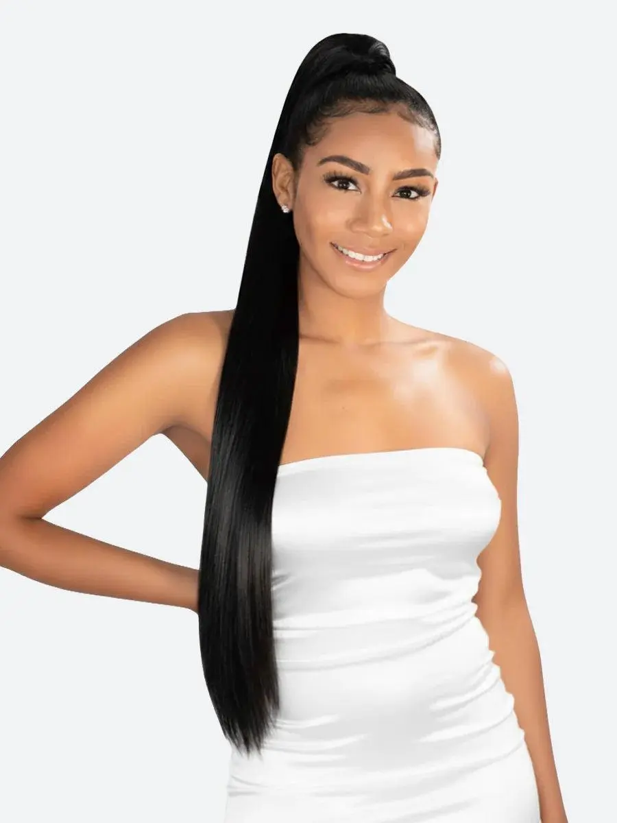 PST Platino Female 1-Piece Clip-In Ponytail Synthetic Hair Extensions, 30" Heat-Resistant Thick Fibers Weave for Customizable Style & Fuller Volume Ponytail Hairstyles, One Piece, Curl/Straight