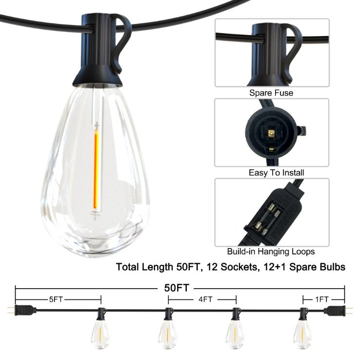 DAYBETTER Outdoor String Lights, S14 LED Patio Lights with Edison Vintage Bulbs, for Porch Backyard Bistro, Shatterproof for Christmas decorations.