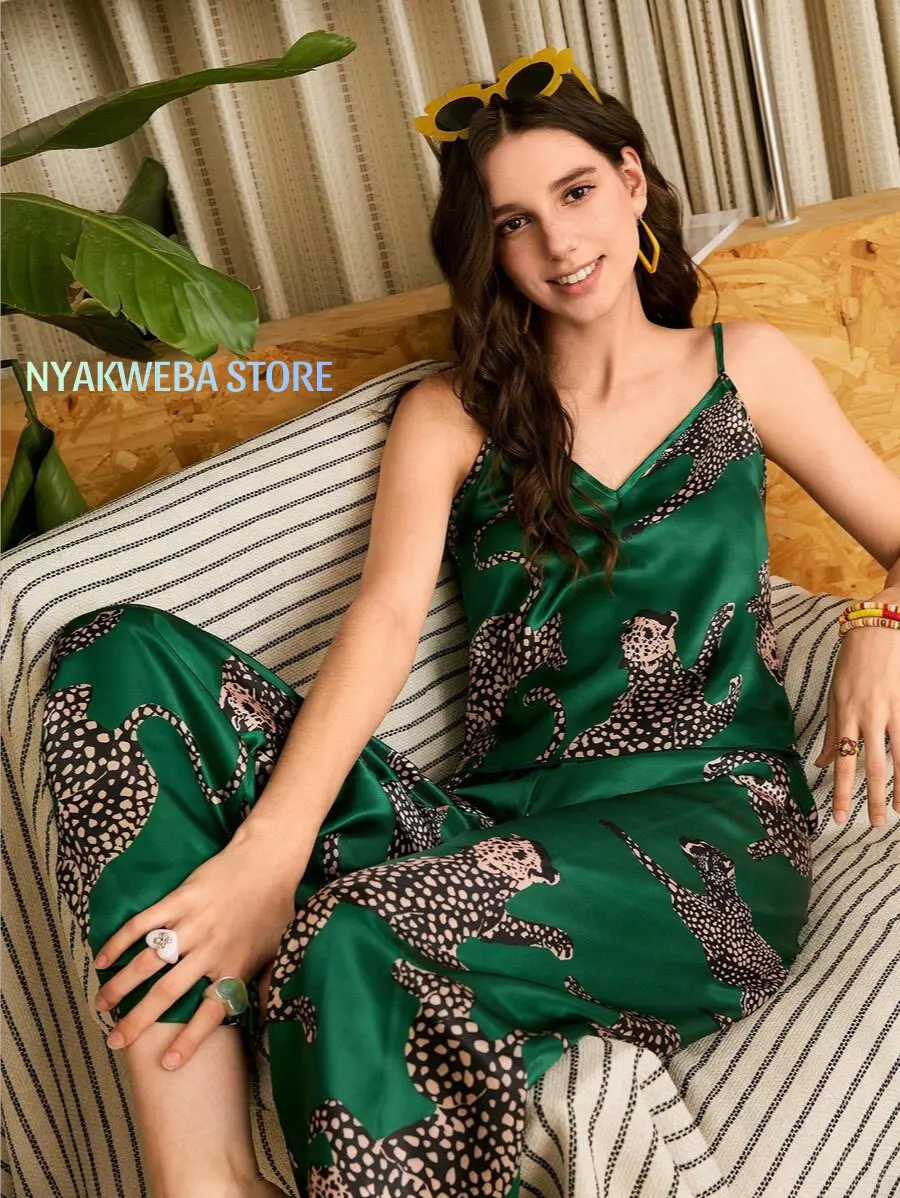 NYAKWEBA Women Emerald Green Leopard Graphic Print V-Neck Satin Camisole Top & Straight Leg Pants Sleepwear Set Silk Loungewear 2-Piece Set