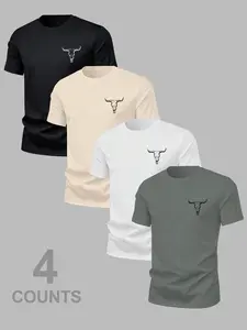 Men's Versatile Cow Head Animal Print Classic T-Shirt 4 Pack, Summer Round Neck Short Sleeve, Casual Comfortable Top for Outdoor Wear, Menswear