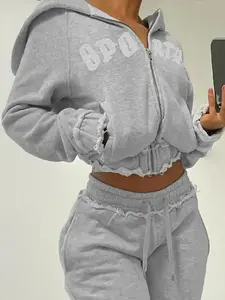 2026 Women's Letter Print Raglan Sleeve Zip Up Hooded Jacket, Casual Raglan Sleeve Pocket Raw Hem Outerwear for Fall & Winter, Ladies Clothes for Daily Wear