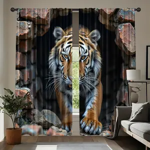 2pcs Tiger Face Window Curtains - Realistic Tiger Head design, Light Filtering Privacy Sheer Panels for Living Room, Bedroom, Office - Easy Installation with Rod Pocket (No Rod Needed), Modern Wildlife Decor - Durable Polyester Window Drapes