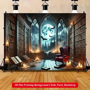 2D Flat Printing Backdrop Banner 1pc, Gothic Library Night Scene Vibrant Polyester Background Cloth for Family Party, Wedding, Birthday, Christmas, Thanksgiving, Fall, Entryway, Room Decorations, Easy to Set Up, Reusable